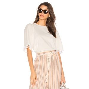 See By Chloe Powder White Embellished Lace Trim Short Sleeve Cotton Top